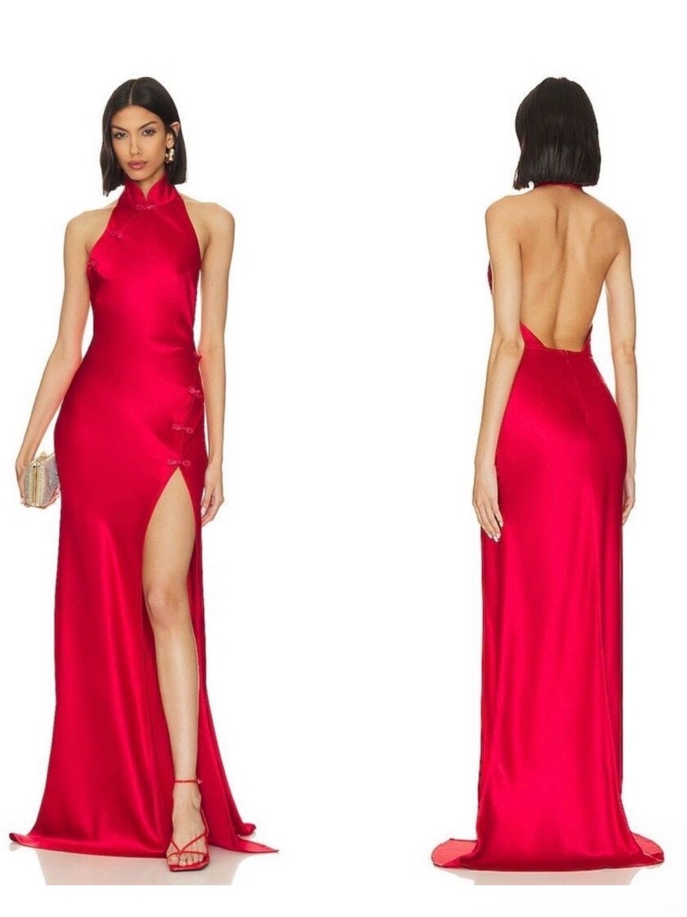 Sau lee Michelle gown Red Satin Halter Evening Gown with High Slit